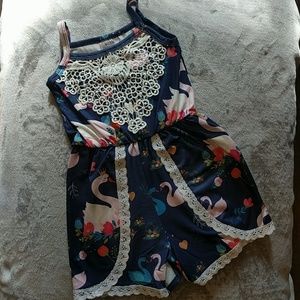 Baby Girl Swan Print Romper with Lace Detail